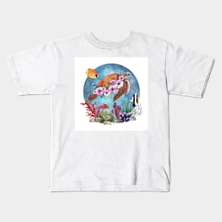 Sea Turtle Flowers Coral Reef Stickers (2) Kids T-Shirt